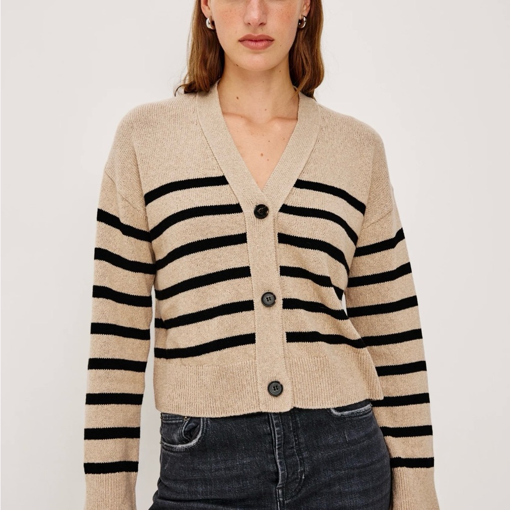 Rails Geneva Cardigan in the Camel Black Stripe colorway